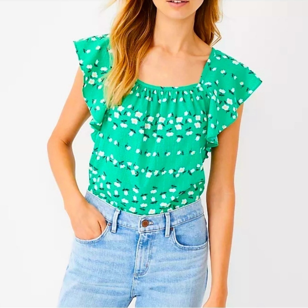 Ann Taylor Floral Chain Square Neck Ruffle Sleeve Top Size Mp